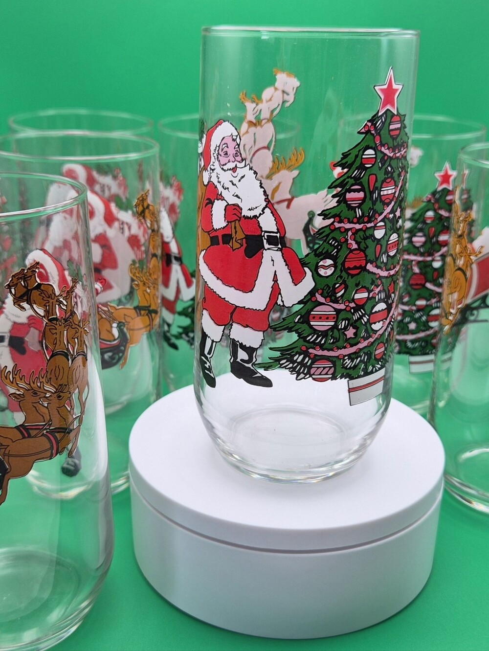 1990s Vintage Christmas Santa Claus Tumbler Glasses Set of 7